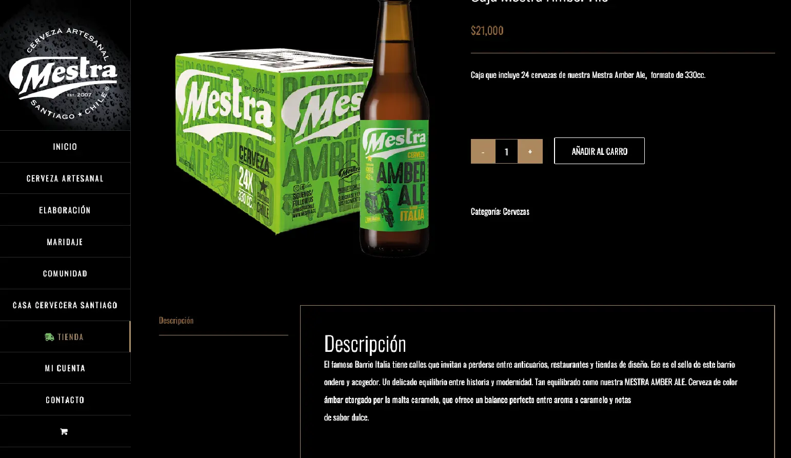 Ficha de producto de la Caja Mestra Amber Ale, con selector de cantidad y botón para añadir al carro