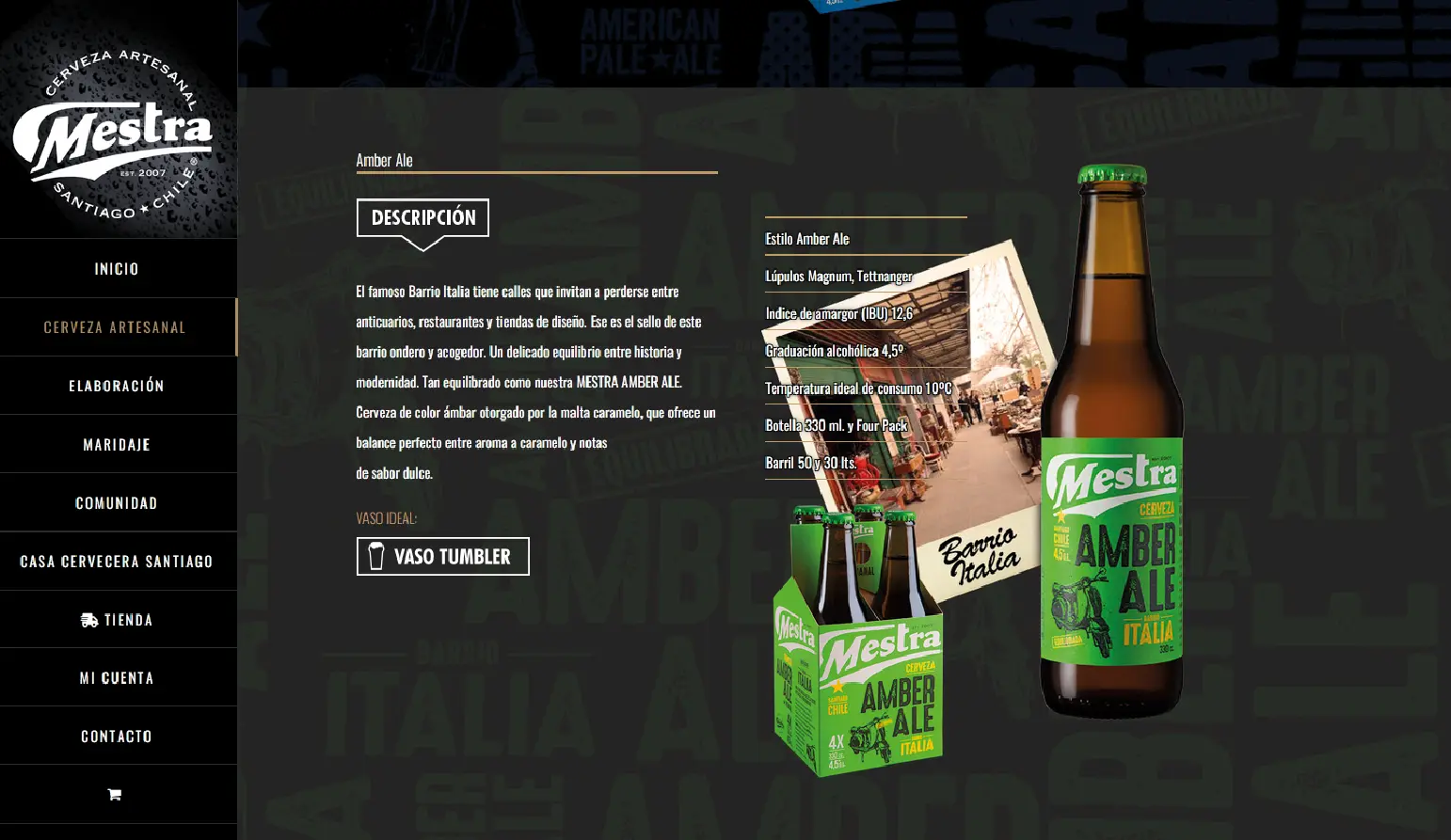 Descripción extendida de la cerveza Amber Ale, con su historia de barrio y especificaciones técnicas