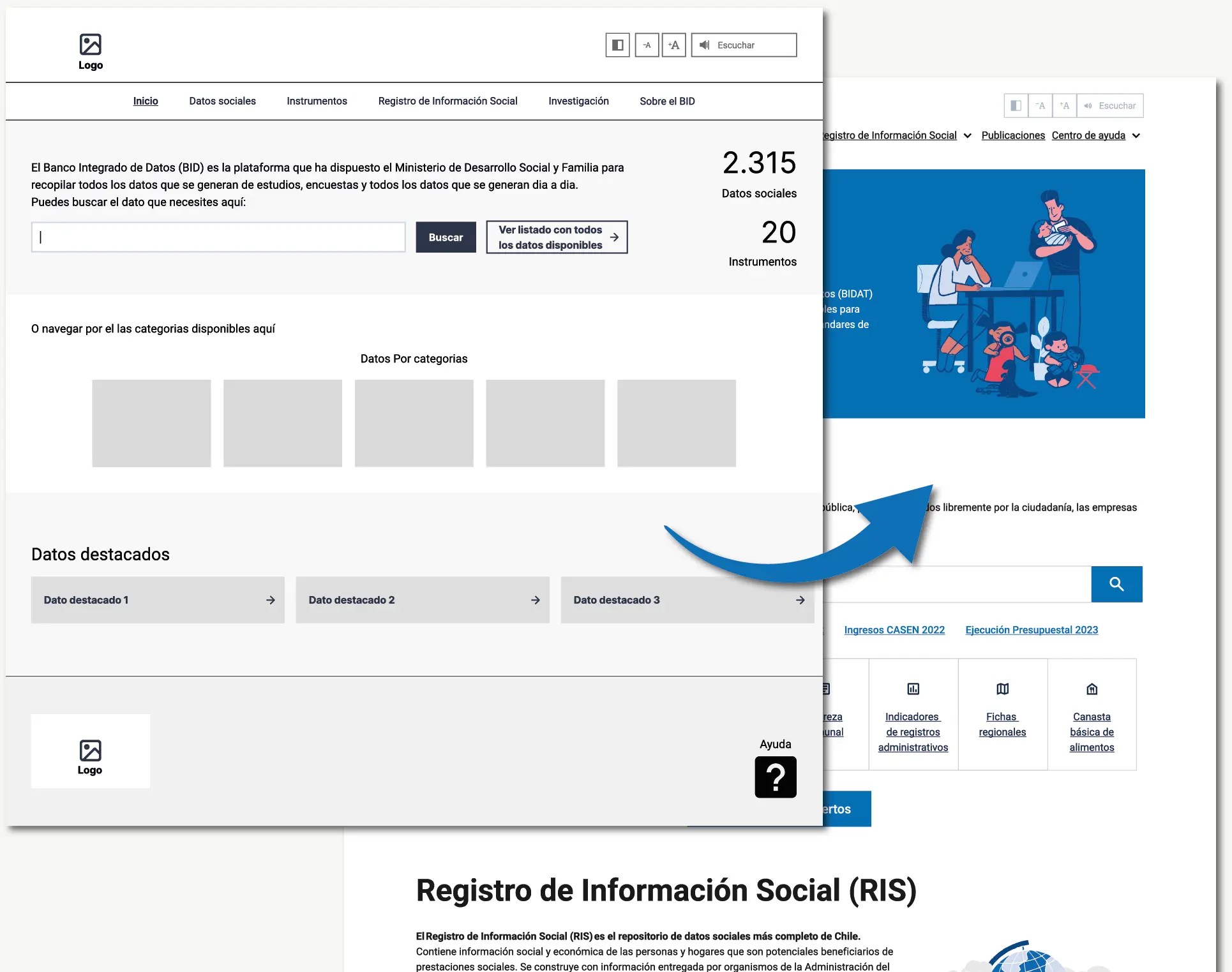 Ilustración de datos dispersos que pasan a ordenarse en categorías encontrables, con la paleta real del portal BIDAT